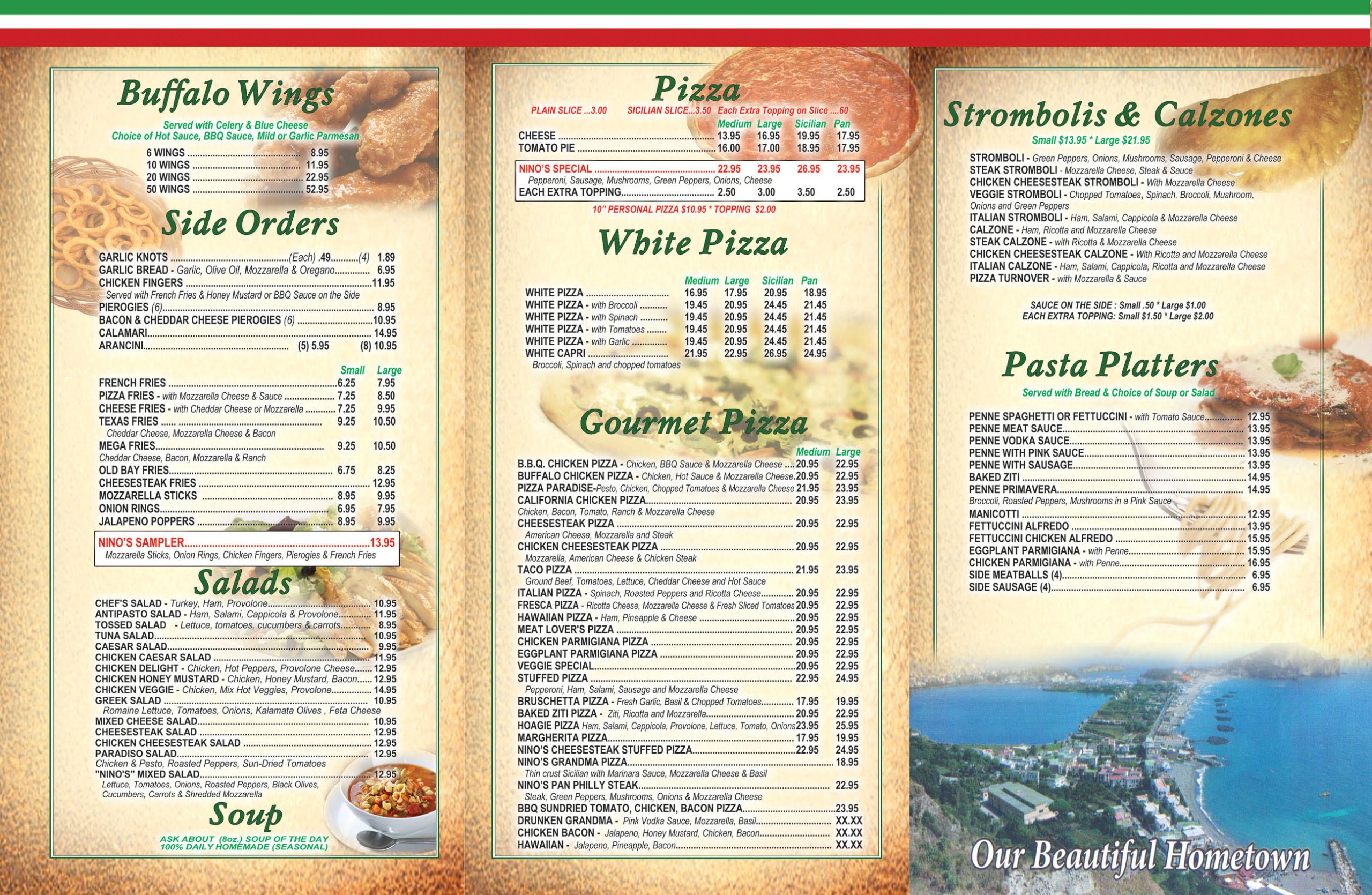 Ninos Pizzarama menu back